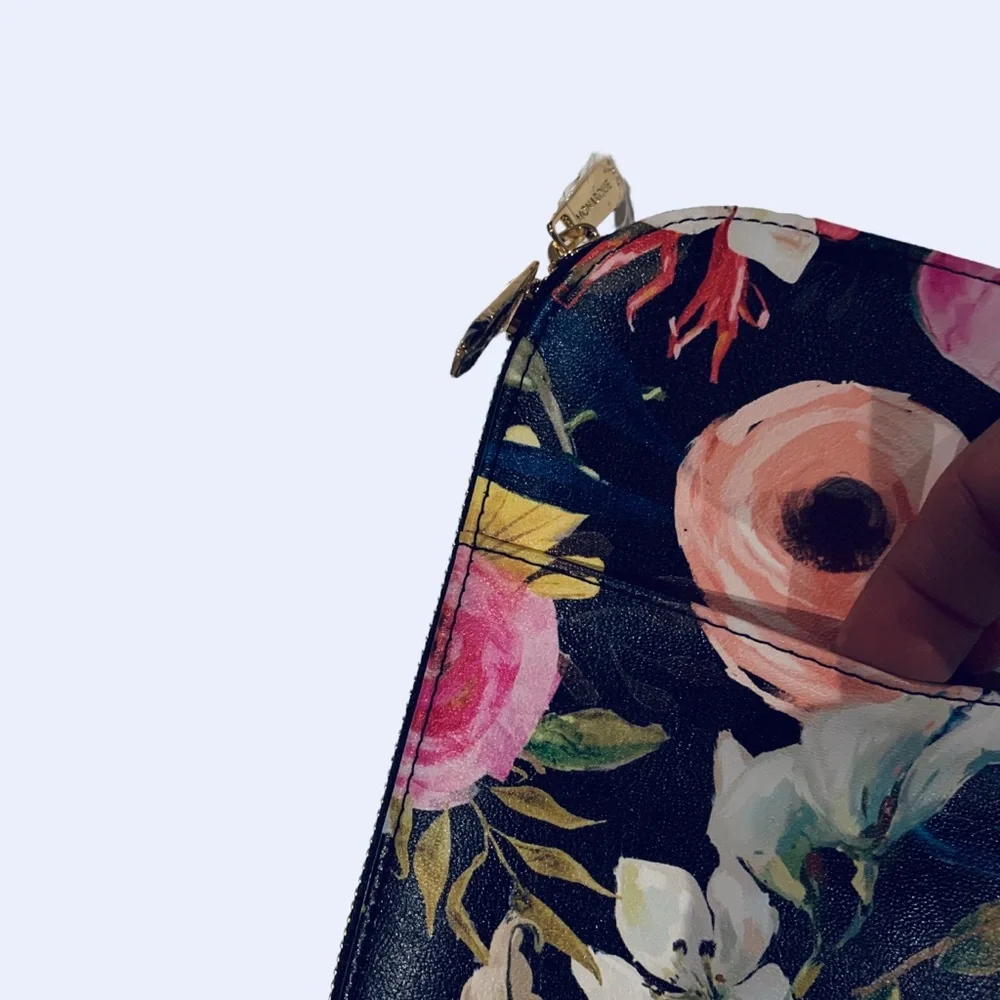 MONARQUE PINK FLORAL ON BLACK CROSSBODY BAG PURSE WALLET WATERCOLOR FLORAL PURSE - Picture 11 of 13
